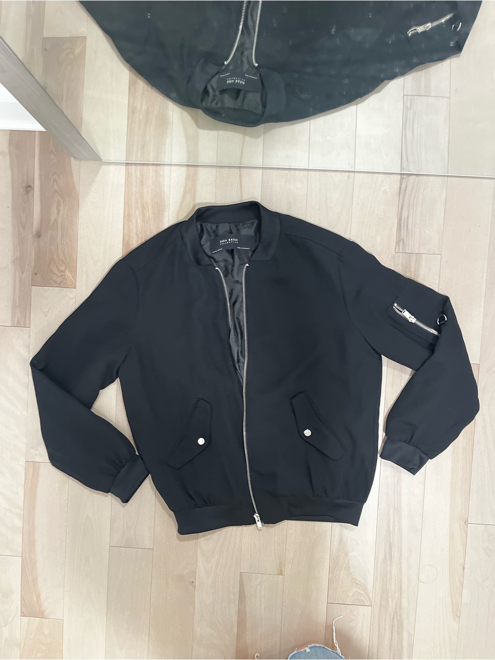 Zara Black Bomber Jacket with Sleeve Zip Pocket